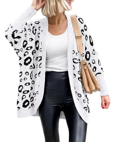 BTFBM Leopard Cardigan for Women Long Sleeve Open Front Cardigans Sweaters Pockets Loose Knit 2026 Fall Winter Outwear(White, Small) - Image 1