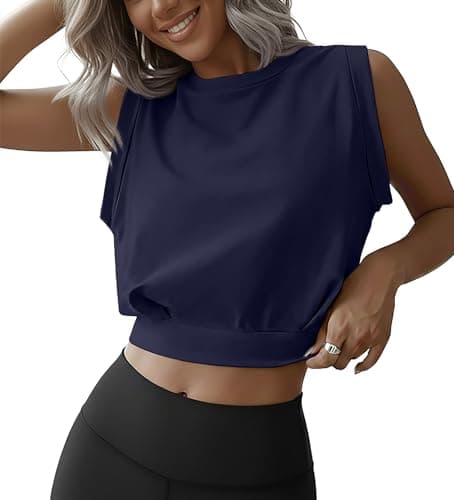 JINKESI Women Workout Crop Tank Tops Sleeveless Athletic Yoga Tops Running Gym Crop Workout Tank Tops Navy Blue-S - Image 1