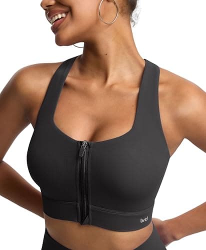 BRXL Front Zip Sports Bra High Impact Adjustable Y Back Sewn in Pads Wide Straps for Running Gym Workout Bras Black - Image 1
