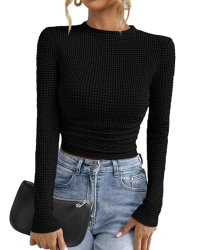 PRETTYGARDEN Womens Tops 2026 Spring Long Sleeve Fitted T Shirts Waffle Ruched Crop Shirt Basic Knit Workout Y2k Clothes(Black,Large) - Image 1