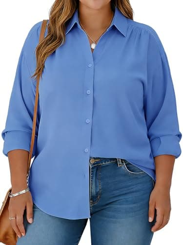 Charming Ashley Plus Size Womens Solid Color V Neck Button Down Blouse Long Sleeve Casual Business Dressy Blouses XL-5XL Blue - Image 1
