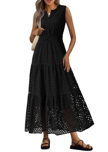 PRETTYGARDEN Womens 2026 Summer Maxi Dresses Sleeveless Sundresses V Neck Eyelet A Line Long Flowy Spring Wedding Guest Dress (Black,Medium) - Image 1