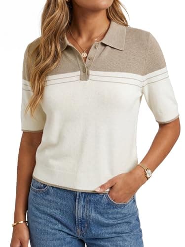 Arach&Cloz Women's Wool Blend Summer Short Sleeve Cashmere Color Block Polo Collared Shirt Business Casual Tops Teacher Work Trendy Outfits Cropped Pullover Sweater 2026 White Oatmeal L - Image 1