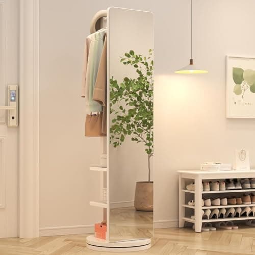 BOWEI Solid Wooden Coat Rack, Free Standing Coat Stand with Full Length mirror, Hall Coat Tree with Hooks and Storage Shelf for Coats, Hats, Bags, for Entryway, Hallway, Bedroom (White) - Image 1