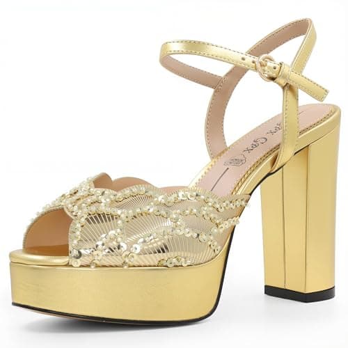 GPXGPX Sparkly Women's Sandals Chunky High Heeled Fish Mouth Open Toe Platform Gold Heels Ankle Strap Dressy Weddings Sexy Sandals Shoes 8 - Image 1