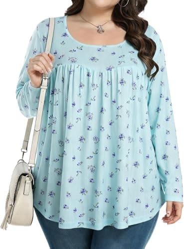 JULYCLO Plus Size Womens Tops Casual Tunic Pleated Blouses Long Sleeve Crew Neck Loose Fit Fall Fashion Shirts 1X-5X - Image 1