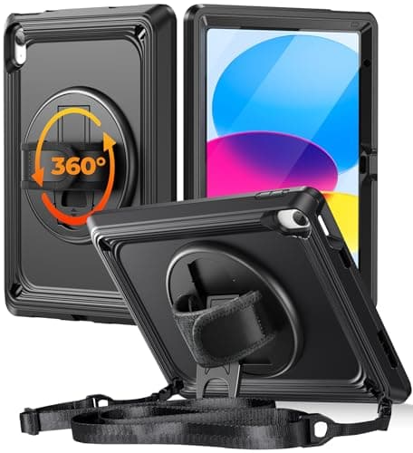 TSQQST iPad (A16) 11th/10th Generation Case 10.9 Inch 2025/2022 with Screen Protector | Military Grade | 360 Rotating Stand & Hand Shoulder Strap | Rugged Silicone Heavy Duty Drop Protection | Black - Image 1