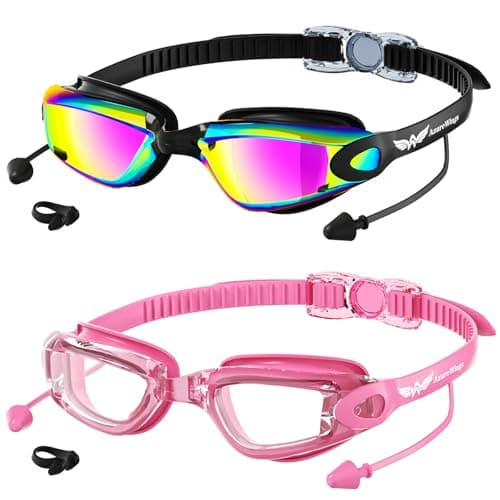 AzureWings Swim Goggles,2 Pack Swimming Goggles for Adult Men Women, No Leak Anti-Fog & UV, Wide Visio HD Mirror PC Lens (Purple+Pink)