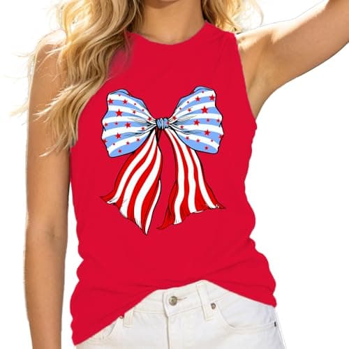 Rfemdz 4th of July Tank Tops Women-Bow Patriotic Tank Top USA 250 Anniversary Shirt Red White Blue Bow Sleeveless Tops - Image 1