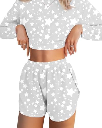JUSTFASHIONNOW Pajamas for Women Set Shorts Star Print Lounge Set 2 Piece Outfits Comfy Long Sleeve Loungewear Matching Sleepwear Long Sleeve Top and Shorts Fall Winter (Grey, X-Large) - Image 1