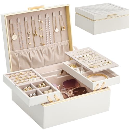Lolalet Jewelry Box Organizer for Women Girls, 2 Layer Jewelry Organizers and Storage for Necklace Earrings Rings Bracelets, Large Jewellery Holder Case Birthday Gifts -Cream - Image 1