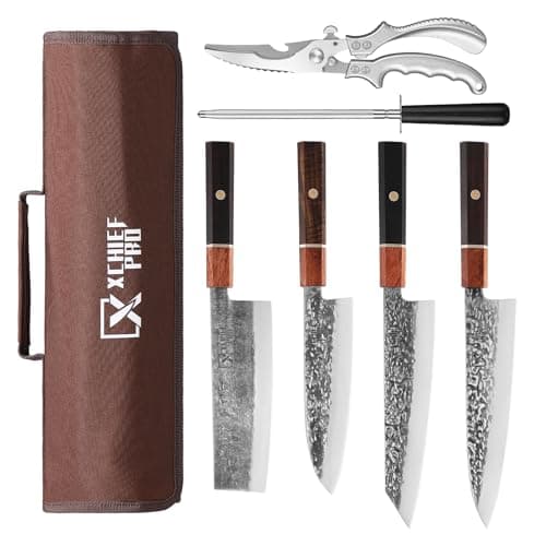 XCHIEF PRO Japan Knife Set, High Carbon Steel Japan Nakiri Santoku Knife Set, Hand Forged Meat Cleaver Butcher Knife with Accessories for Kitchen, Camping BBQ Knives Set with Bag - Image 1