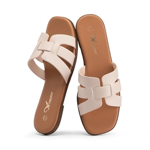 Athlefit Flat Sandals for Women Dressy Summer Square Open Toe Nude Sandals Comfortable Slip On Leather Slides Size 9 - Image 1