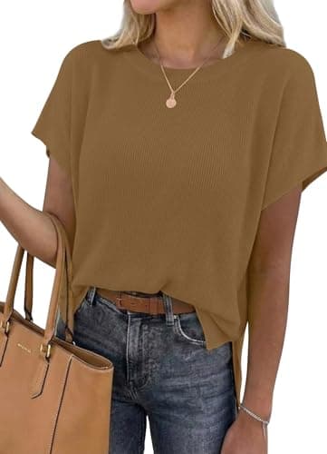 YSYOKOW Women's Short Sleeve Ribbed Knit Sweater Crewneck Tunic Pullover Loose Fit Lightweight Summer Fall Shirts for Leggings,Coffee,X-Large - Image 1