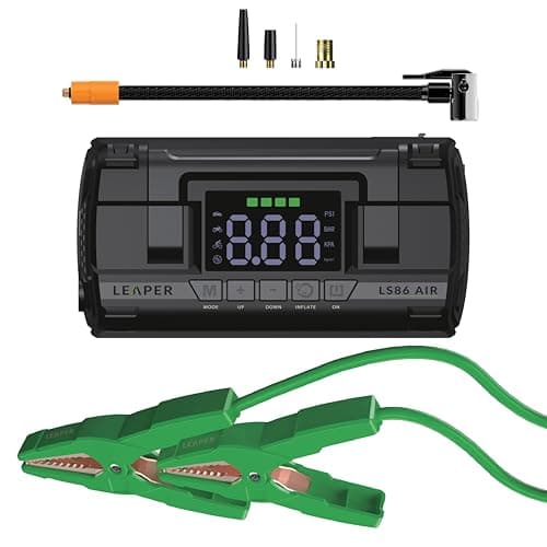 Leaper 12V Jump Starter, Black, with Air Compressor, 2000A Peak Current, 20000mAh Capacity, 3.6'' Digital Screen, Non-Polarized Green Clamps. Protective Carrying Case and a UL QC18W Fast Charger - Image 1