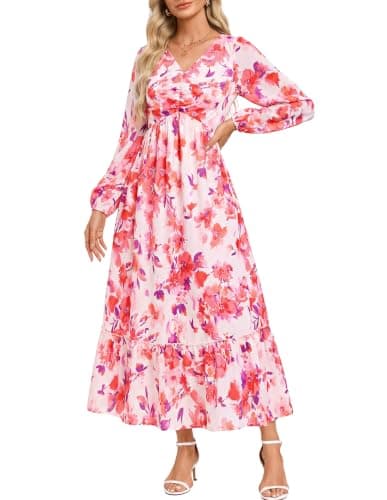GRACE KARIN Women's Fall Wedding Guest Dresses 2026 Floral Long Sleeve V Neck Maxi Dress Boho Flowy Outfit with Pockets White Pink Floral XXL - Image 1
