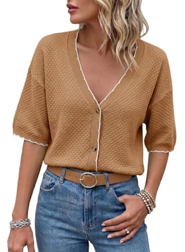 Dokotoo Plus Size Tops for Women Short Sleeve Button Down Shirts Ladies Casual Textured Knit Cotton Cardigan Sweaters V Neck Colorblock Trim Tunic Brown Cardigans XX-Large - Image 1