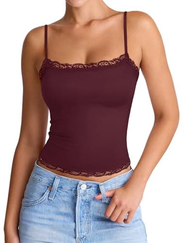 PINKMSTYLE Y2K Lace Trim Square Neck Cami Top for Women Slim Fit Double Lined Adjustable Straps Tank Tops Sexy Y2K 2026 Navy Blue Small - Image 1