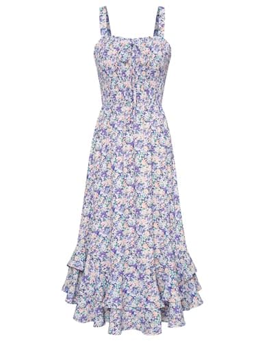 GRACE KARIN Women's 2026 Summer Floral Boho Dress Square Neck Strapped Swing A Line Sundress Beach Long Maxi Outfits Purple Floral L - Image 1