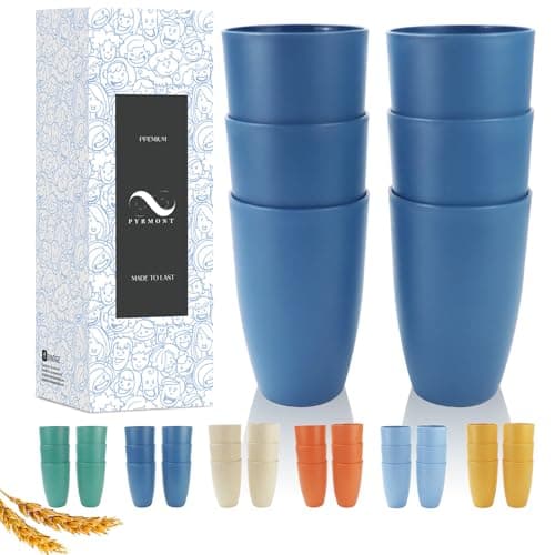 PYRMONT Wheat Straw Cups 20 Oz Alternative Plastic Cups Set of 6 Unbreakable Big Cups for Kitchen Dishwasher & Microwave Safe Large Water Cups for Coffee,Smoothie,Lemonade-Blue - Image 1