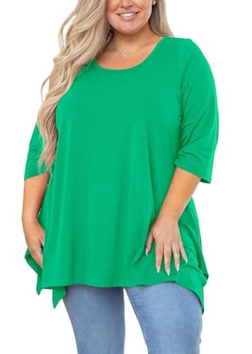 AusLook Plus Size Blouses for Women 3/4 Sleeve Emerald 1X Crewneck Clothes Pleated Clothing Flowy Tunic Tops Loose Fit Babydoll Maternity Shirts - Image 1