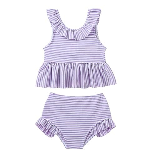 YWFSHOP Baby Girl Swimsuit Two Piece Striped Bikini with Back Bow Toddler Girls Tankini Summer Beach Bathing Suit 6M-5T Purple - Image 1