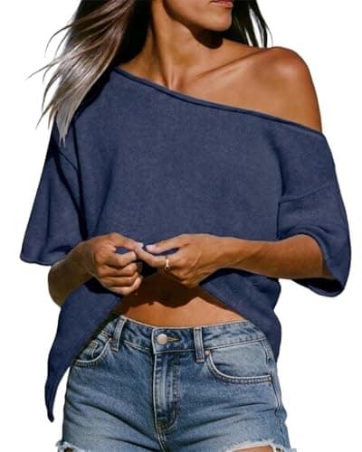 Jenisso Womens Off The Shoulder Crochet Cover Ups 2026 Summer Short Sleeve Side Split Asymmetric Roll Hem Knit Tops Navy Blue - Image 1