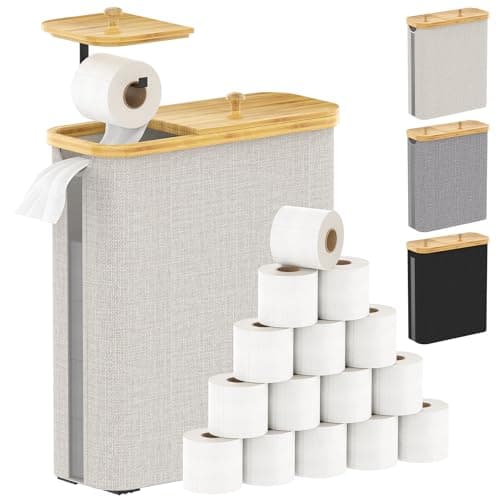 42L Toilet Paper Basket with Bamboo Lid, Toilet Paper Storage with Toilet Paper Holder & Non-Slip Mat for Bathroom Organizer, Holds up to 19 Regular Rolls or 14 Mega Rolls, Collapsible & Stackable - Image 1