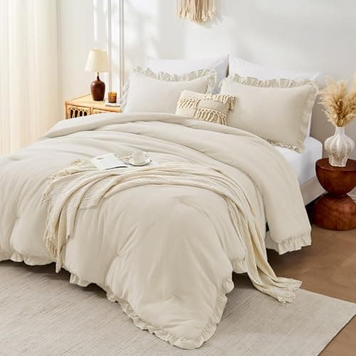 FUANNA Full Size Comforter Sets Cream White, 3 Pieces Ruffle Full Size Bedding Sets, Fluffy Bed in a Bag Full for All Seasons, Shabby Chic Full Bed Set with 1 Lightweight Comforter & 2 Pillowshams - Image 1