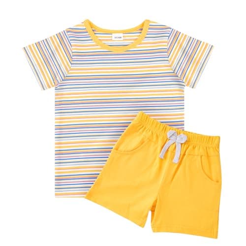 JiuBreeze Toddler Baby Boy Summer Outfit Striped Short Sleeve T-Shirt Shorts Set 2-Piece Boys Outfits Clothing Sizes 18M-5T (Rainbow Yellow, 4-5T) - Image 1