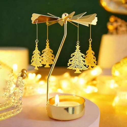 4EVERHOPE Rotating Candle Holder, Gold Spining Metal Tealight Candle Holder for Birthday, Christmas, Valentine's Day, Party Table Decor, Wedding (Chirstmas Tree)