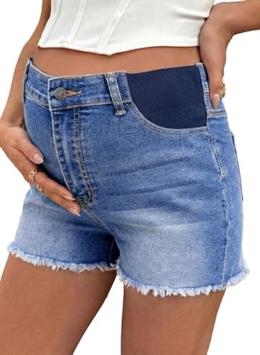 BLENCOT Maternity Jeans Shorts for Women Mid Waisted Frayed Hem Stretchy Denim Shorts Comfy Pregnancy Summer Clothes Fashion 2026 Sky Blue Small - Image 1