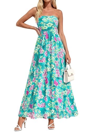 PRETTYGARDEN Women Strapless Maxi Dress 2026 Summer Floral Tube Top Ruched Beach Spring Wedding Guest Long Dresses (Floral Blue Green,Small) - Image 1