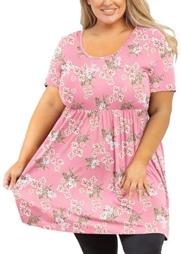 AusLook Women's Plus Size Tunic Short Sleeve Clothes Scoop Neck Summer Tops Pleated Flowy Loose Fit Babydoll T Shirt L-5X, D07-pink Floret, 3XL Plus - Image 1