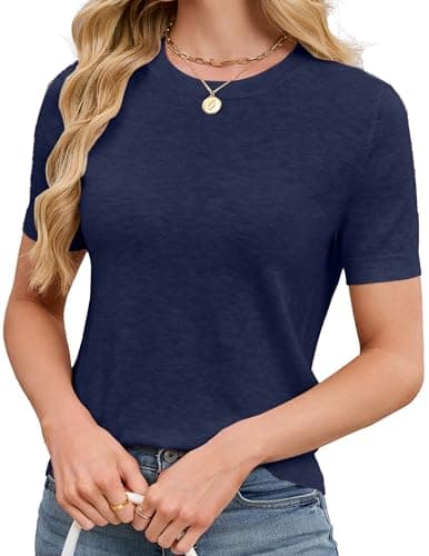 SunnyMelody Womens Short Sleeve Sweater Tops Wool Knit Cashmere Lightweight Crew Neck Loose Fit Teacher Office Blouses Shirts Capsule Wardrobe Dressy Business Outfits Travel Summuer 2026 Royal Blue M - Image 1