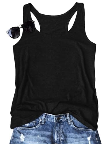 Binshre Tank Tops for Women Summer Casual Beach Sleeveless O-Neck Vacation Shirt Cami Solid-Black - Image 1