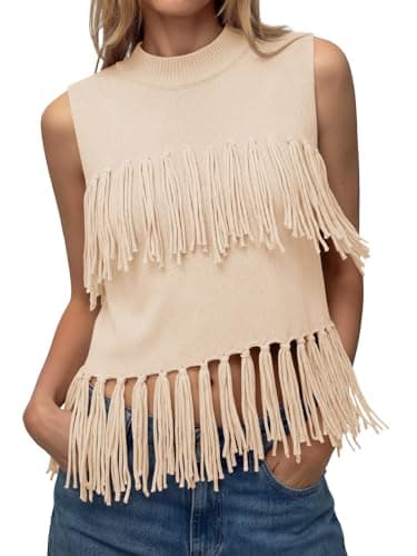 Tankaneo Womens Fringe Knit Tank Tops Summer Trendy Casual High Neck Sleeveless Shirts Boho Loose Fit Sweater Vest Beige - Image 1