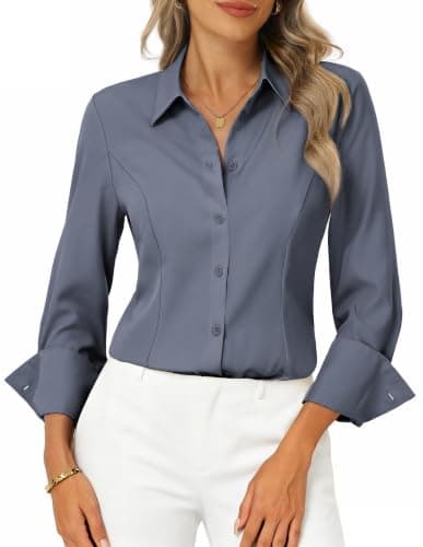 GRACE KARIN Womens Button Down Shirts,Long Sleeve Collared Dress Shirt,Wrinkle-Free Work Blouse Office Tops Gray L - Image 1