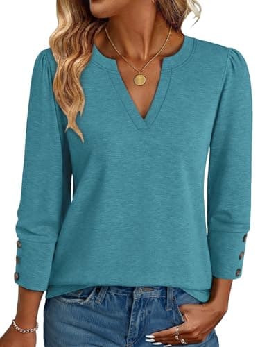 NORACORA Blouses for Women Dressy Casual 3/4 Length Sleeve Womens Tops V Neck T Shirts with Smocked Cuffs with Buttons Spring Summer Outfits Cyan XL - Image 1