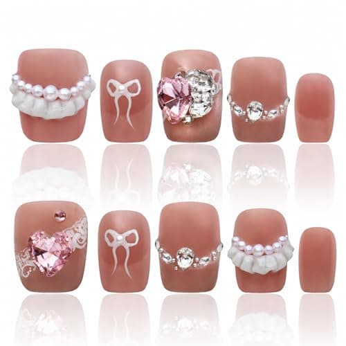 Handmade Nails Press On Nails Pink Short Square Nails Women Gift Ideas 3D Nailphoria Press Ons Nails For Women COOLYOUNG Artificial Nails, 15 PCS, Size L - Image 1