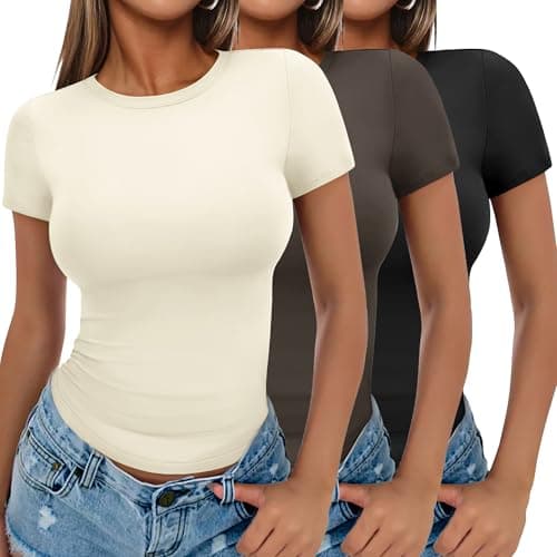 Ekouaer Womens Short Sleeve Tops Summer Shirts Slim Fitted Basic Tees Clothes Black/Brown/Beige S - Image 1