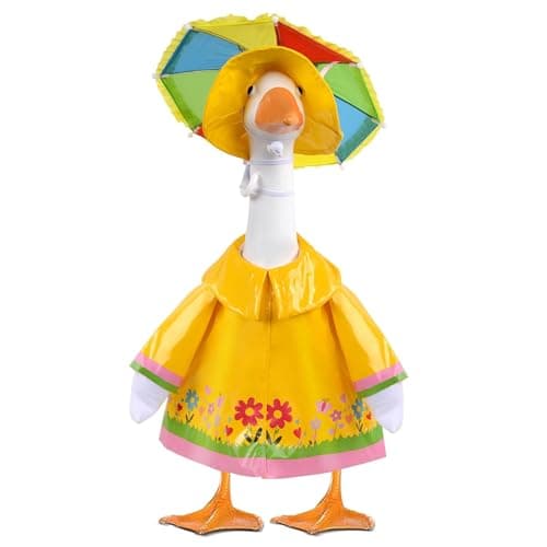 yuboo Raincoat Porch Goose Outfit for 23 Inch Cement Goose,Yellow Goose Clothes with Rainbow Umbrella,Hat, Summer Garden Costume for Lawn Porch Yard Outdoor Decor - Image 1
