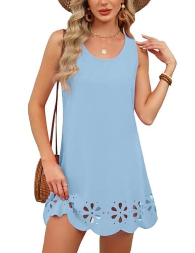 Zelroxa Swimsuit Cover Up Dress Hollow Out Bathingsuit Bikini Swimsuit Pool Cover Ups Beach Sleeveless Mini Tank Sundress Casual Vacation Bachelorette Outfits Resort Cruise Wear Sky Blue - Image 1
