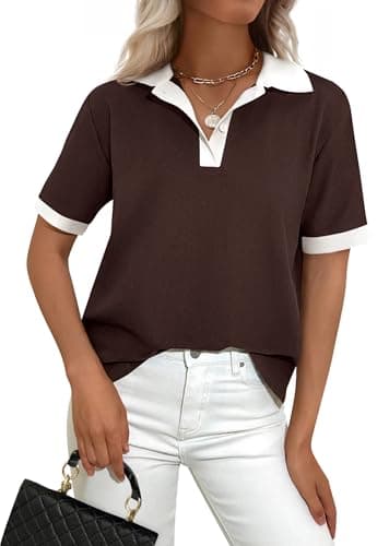PRETTYGARDEN Summer Short Sleeve Polo Shirts for Women Collared V Neck Work Dressy Tops Knit Loose Business Casual Outfits(Brown,Medium) - Image 1