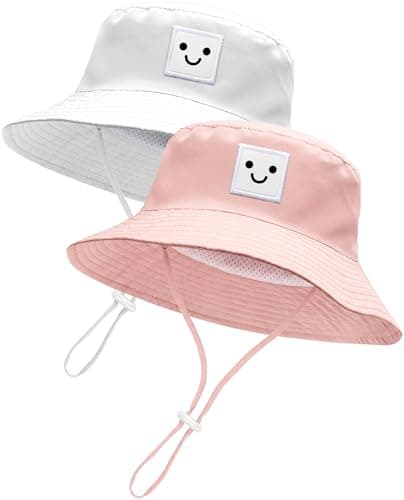 Baby Sun Hat Toddler Bucket Hats UPF 50+ Kids Summer Sun Protection Beach Hat for Boys Girls (US, Age, 0 Months, 6 Months, White+Light Pink) - Image 1