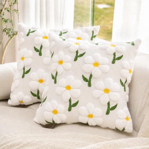 KIDHABE Spring Summer Pillow Covers 18x18 inch Set of 2, White Daisy Floral Sunflower Pillow Cases, Soft Plush Faux Fur Jacquard Throw Pillows for Sofa Couch Holiday Spring Home Decor - Image 1
