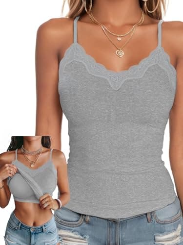 Ninee Tank Top for Women with Built in Bra Lace Adjustable Spaghetti Strap Camisoles Ribbed Slim Basic Tops (Grey,Small) - Image 1