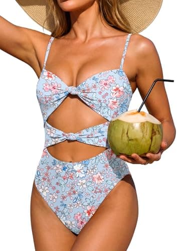 ANRABESS Women One Piece Swimsuits Tummy Control Bathing Suit Twist Cutout Adjustable Straps Swimwear Beach Vacation Clothes Light Blue Pink Floral X-Large - Image 1