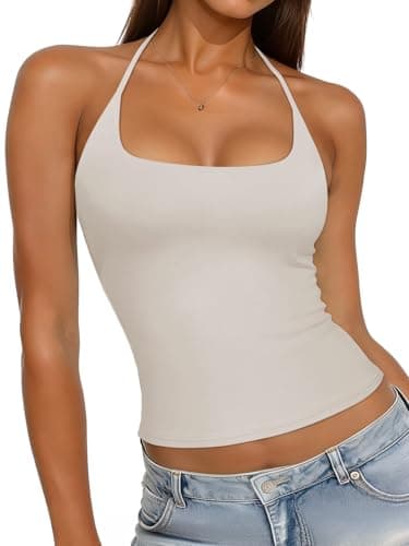 REORIA Womens Sexy Halter Backless Tank Tops Square Neck Camisole Crop Tops Basic Double Lined Sleeveless Shirts Y2K Trendy Going Out Tops, Cloud White Medium - Image 1