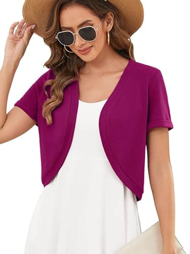 Heymoments Women's Short Sleeve Shrugs Magenta Large Lightweight V-Neck Open Front Cropped Cardigan Knitted Bolero Sweaters Elegant Dresses Cover Up - Image 1
